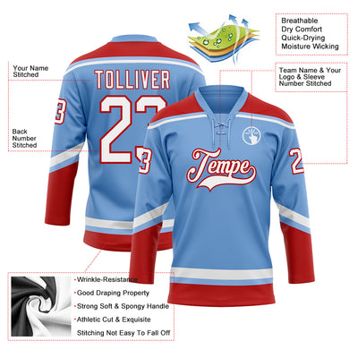 Custom Light Blue White-Red Hockey Lace Neck Jersey
