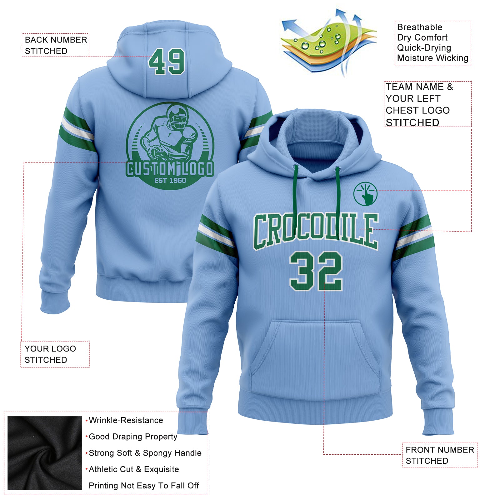 Custom Stitched Light Blue Kelly Green-White Football Pullover Sweatshirt Hoodie