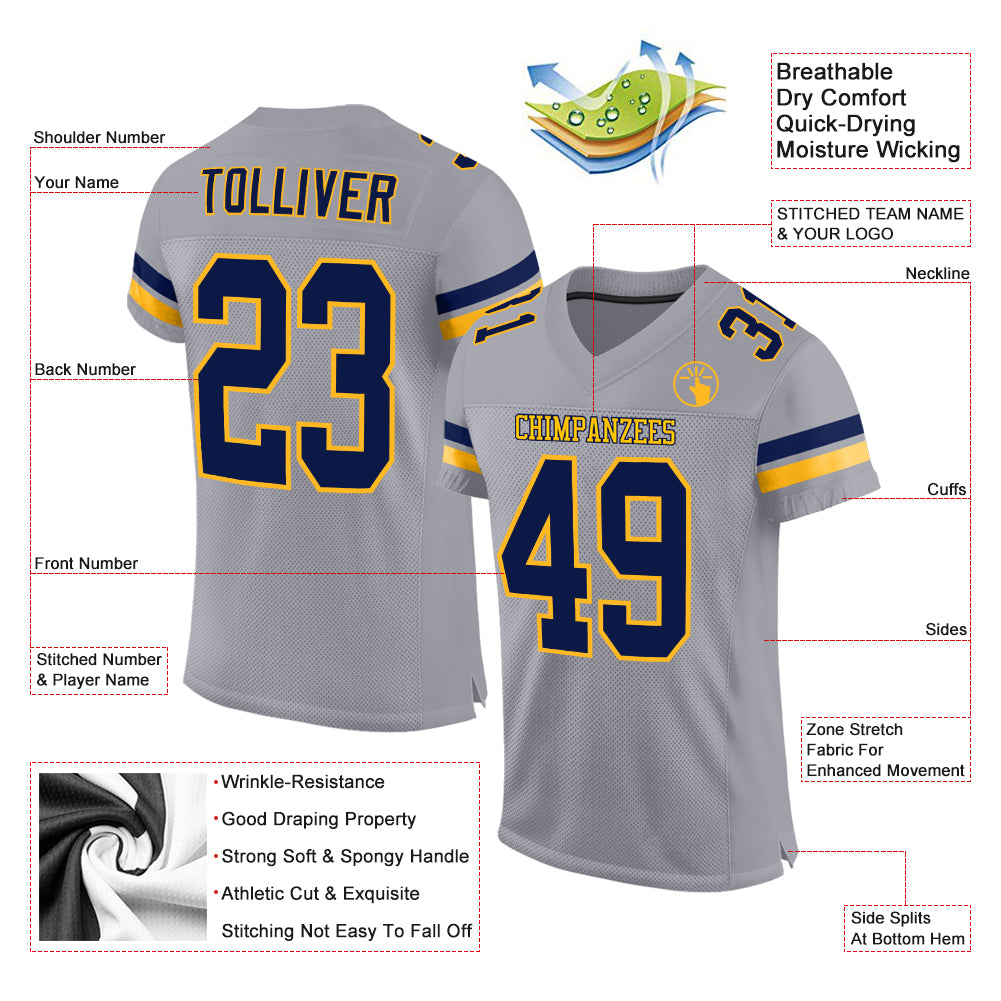 Custom Light Gray Navy-Gold Mesh Authentic Football Jersey