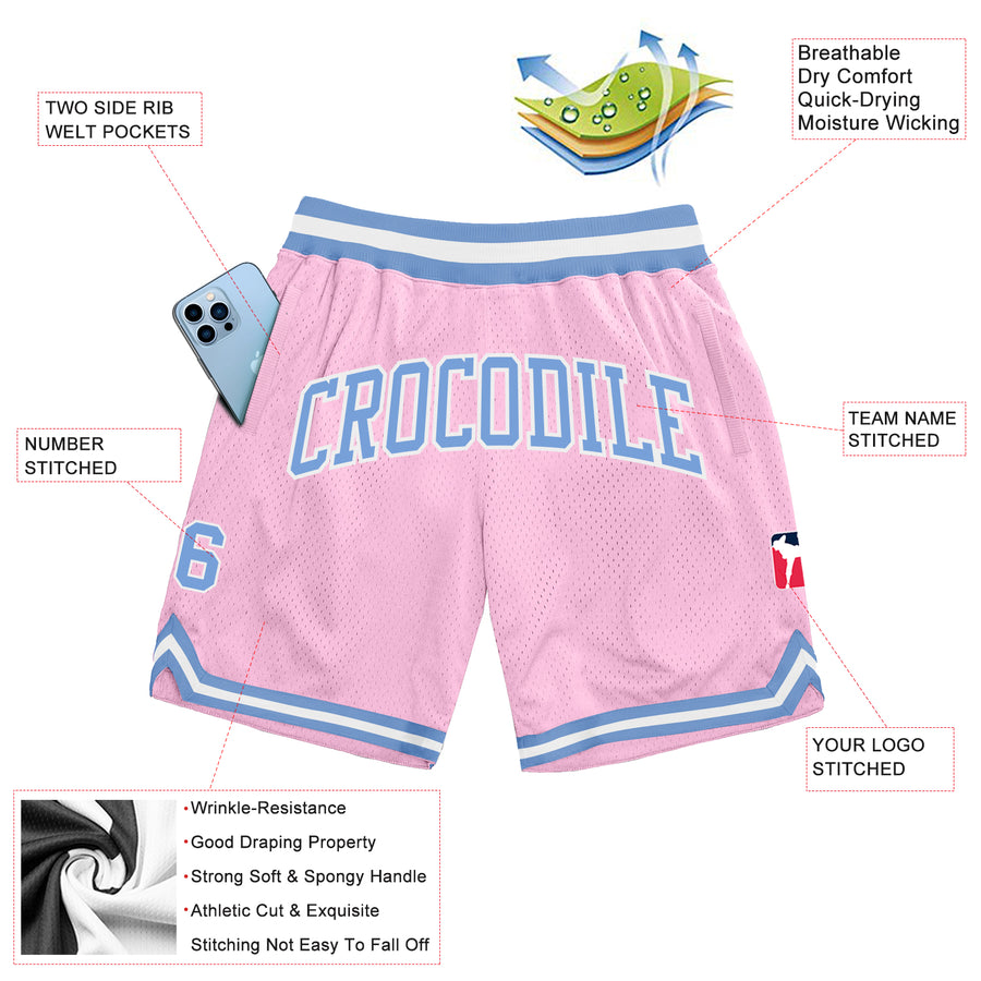 Custom Light Pink Light Blue-White Authentic Throwback Basketball Shorts