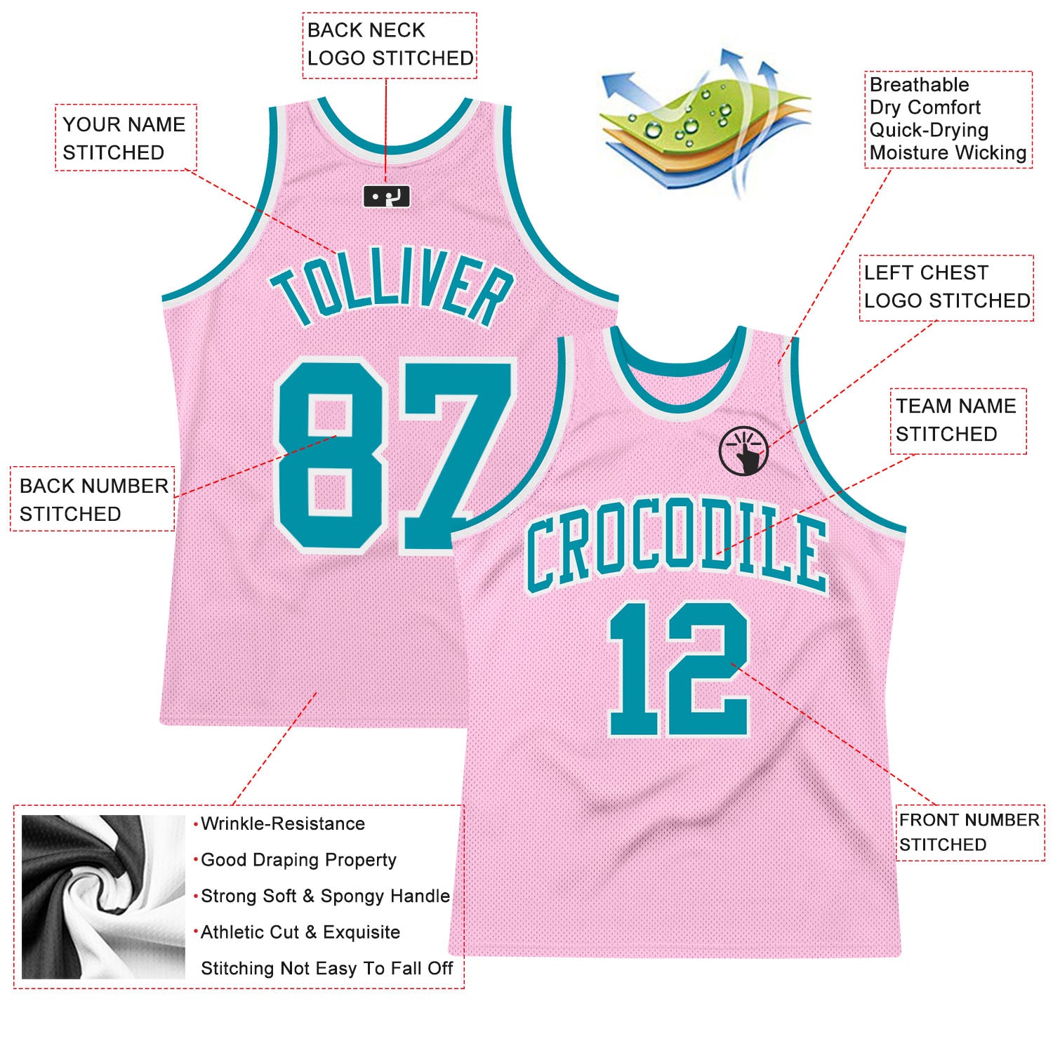 Custom Light Pink Teal-White Authentic Throwback Basketball Jersey