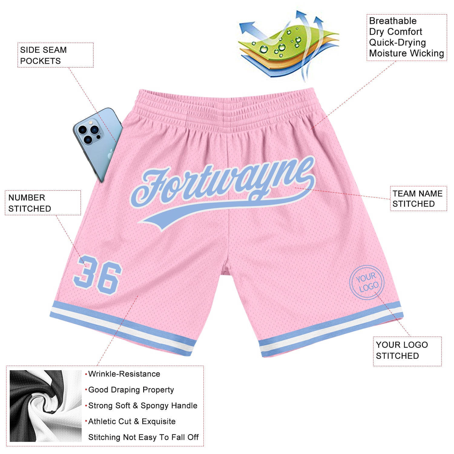 Custom Light Pink Light Blue-White Authentic Throwback Basketball Shorts