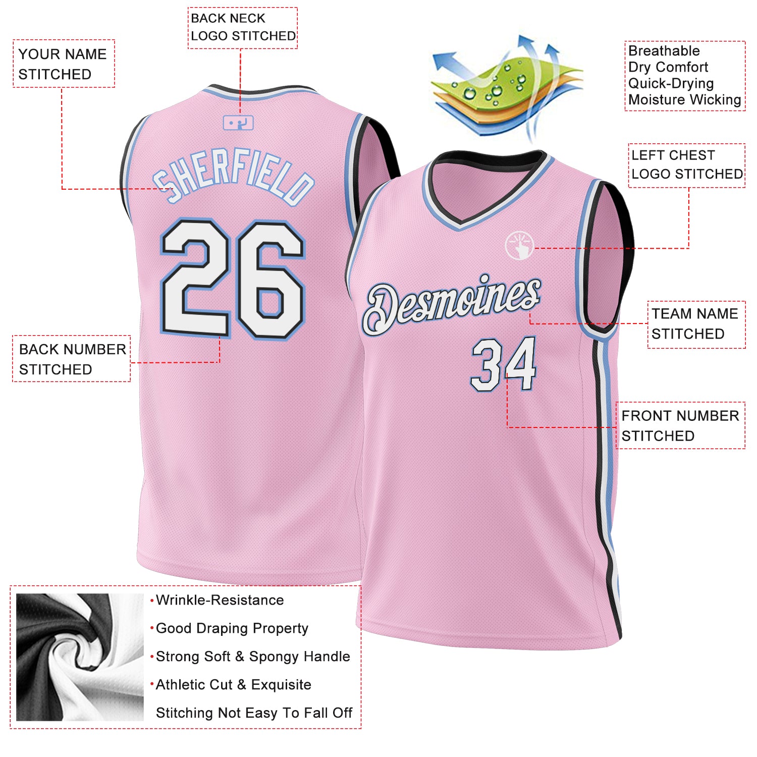 Custom Light Pink Black-Light Blue Authentic Throwback Basketball Jersey