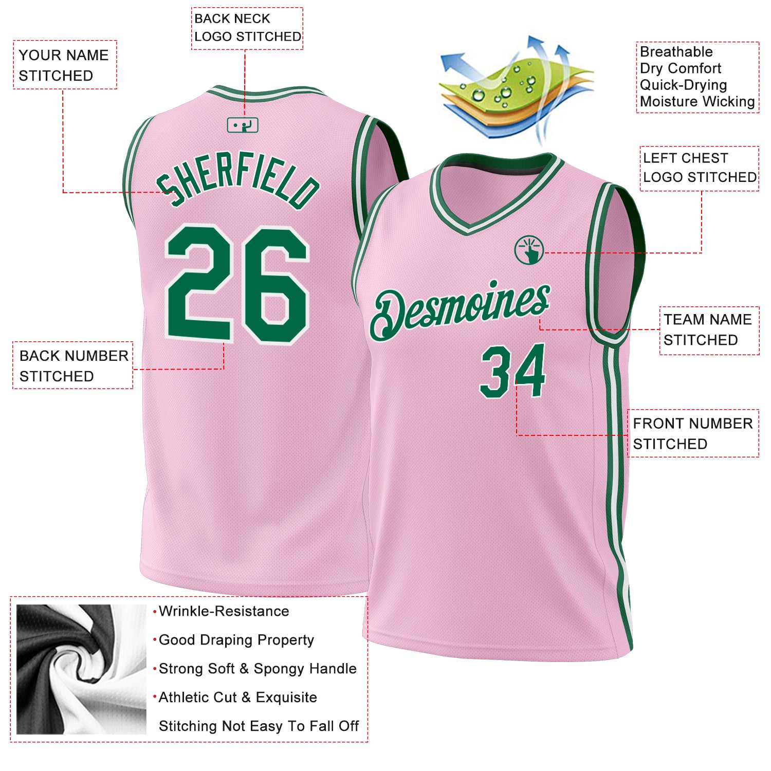 Custom Light Pink Kelly Green-White Authentic Throwback Basketball Jersey