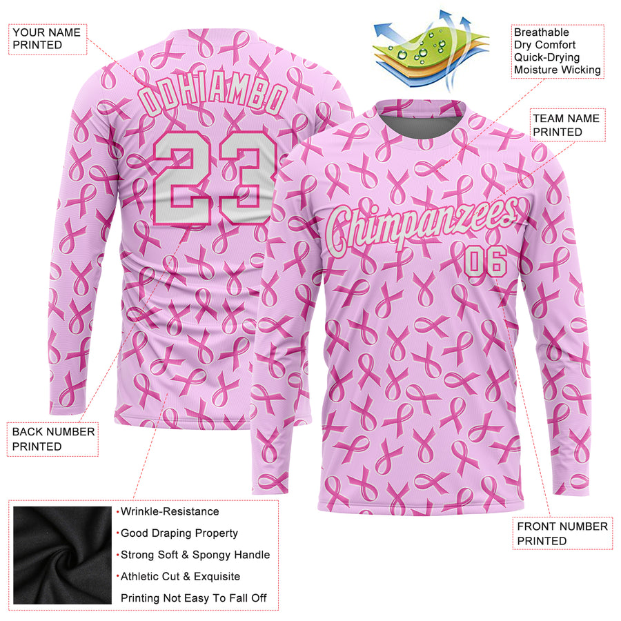 Custom Pink White Breast Cancer 3D Pattern Long Sleeve Performance T-Shirt
