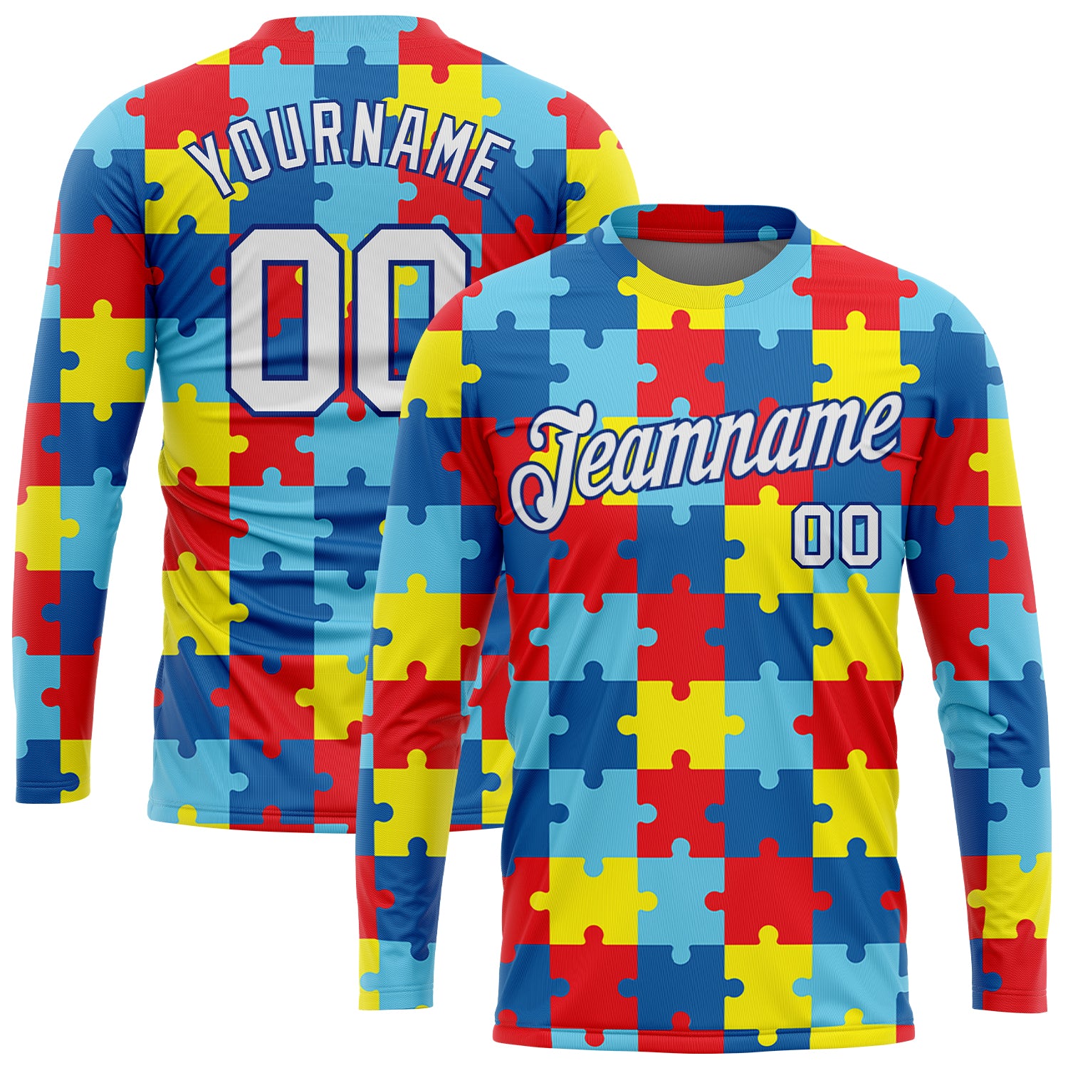Custom Colorful White-Royal Autism Supporter Awareness Puzzle Pieces 3D Pattern Long Sleeve Performance T-Shirt
