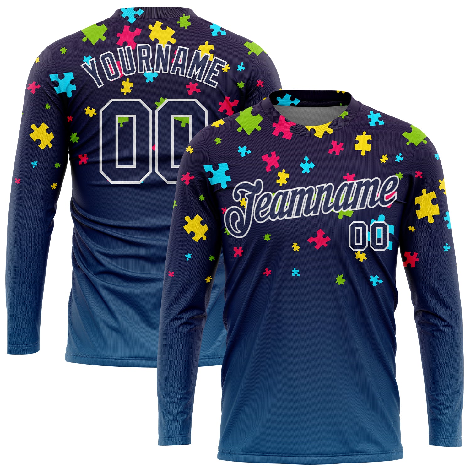 Custom Navy Navy-White Autism Supporter Awareness Puzzle Pieces 3D Pattern Long Sleeve Performance T-Shirt