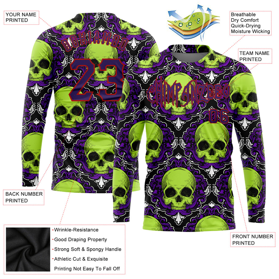 Custom 3D Pattern Halloween Skulls Long Sleeve Performance T-Shirt
