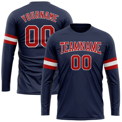 Custom Navy Red-White Long Sleeve Performance Salute To Service T-Shirt