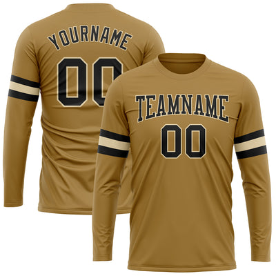Custom Old Gold Black-Cream Long Sleeve Performance T-Shirt