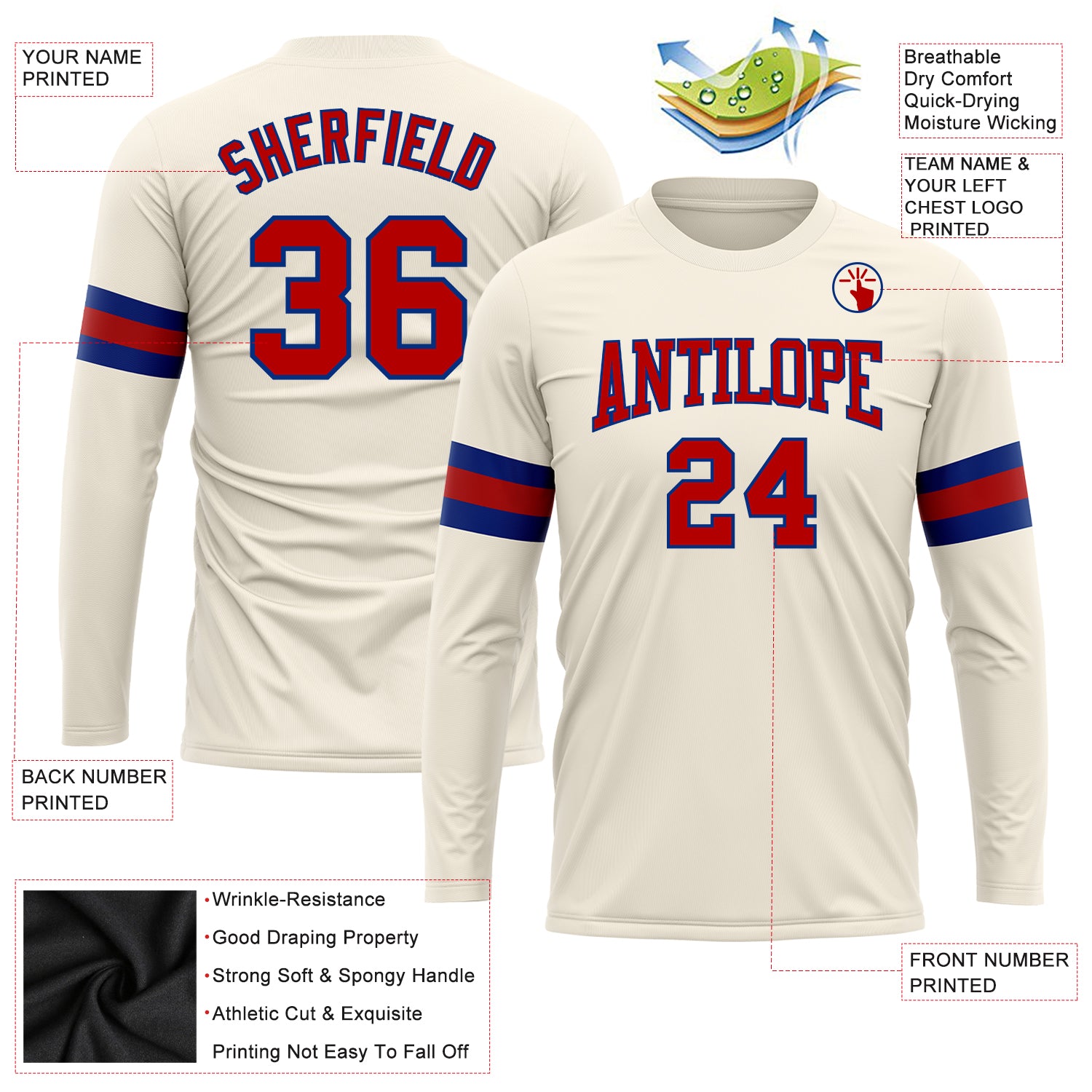 Custom Cream Red-Royal Long Sleeve Performance T-Shirt