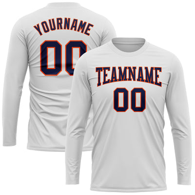 Custom White Navy-Orange Long Sleeve Performance T-Shirt