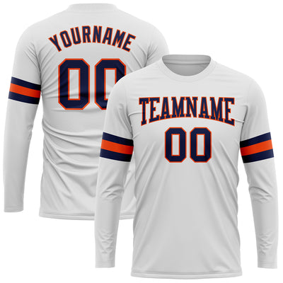 Custom White Navy-Orange Long Sleeve Performance T-Shirt
