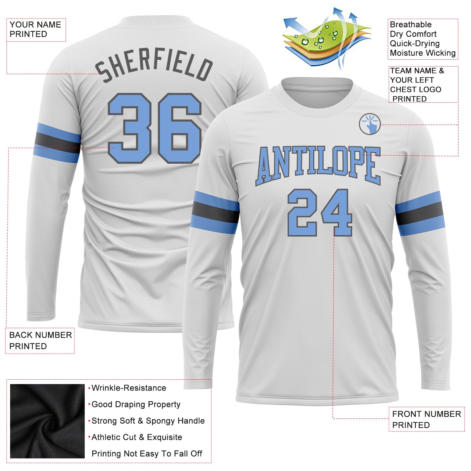 Custom White Light Blue-Steel Gray Long Sleeve Performance T-Shirt