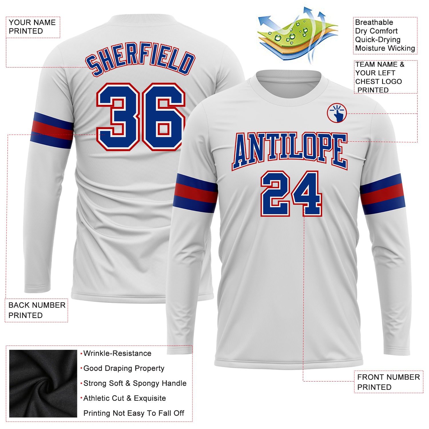 Custom White Royal-Red Long Sleeve Performance T-Shirt