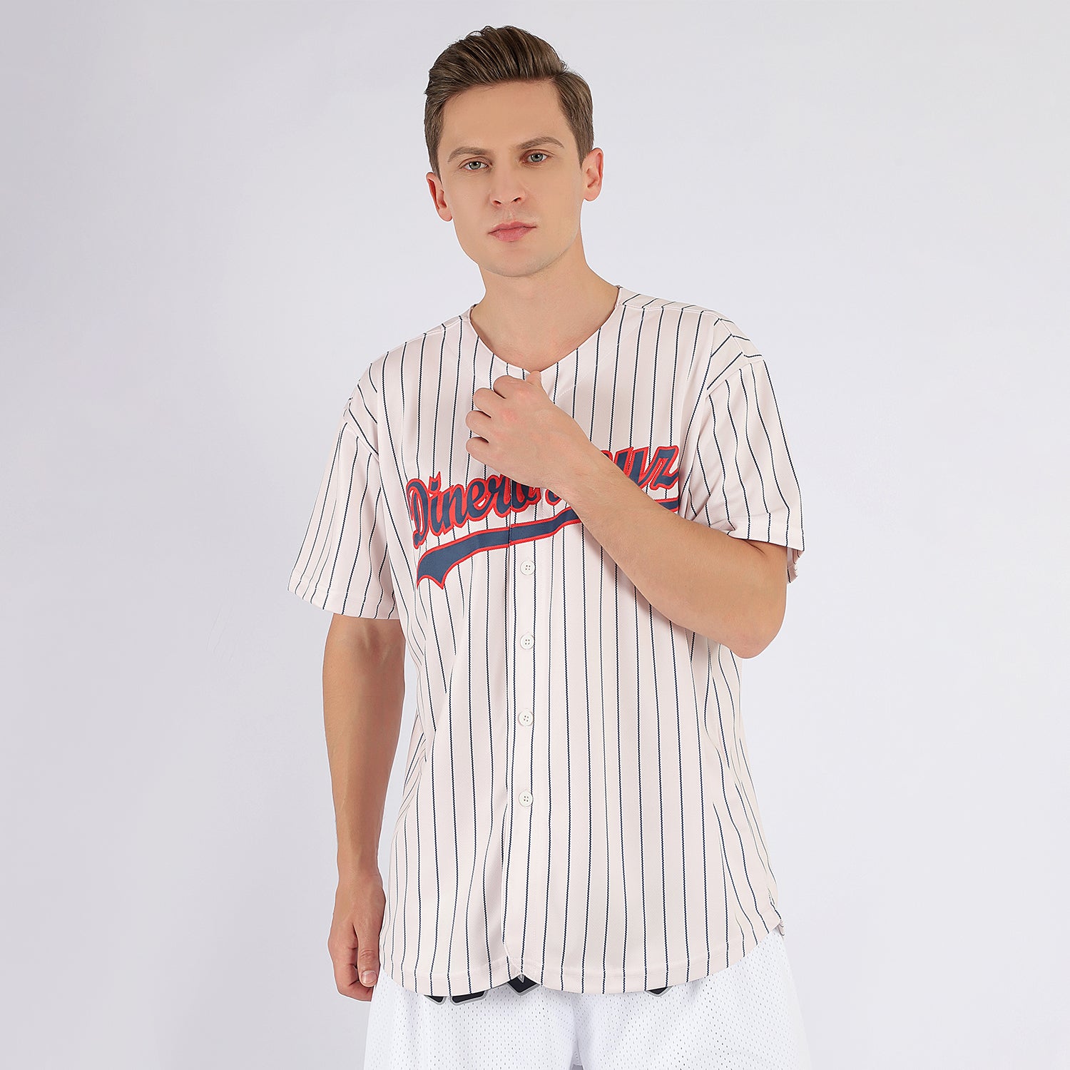 Custom Baseball Jersey Cream Navy Pinstripe Navy-Red Authentic Men's Size:3XL