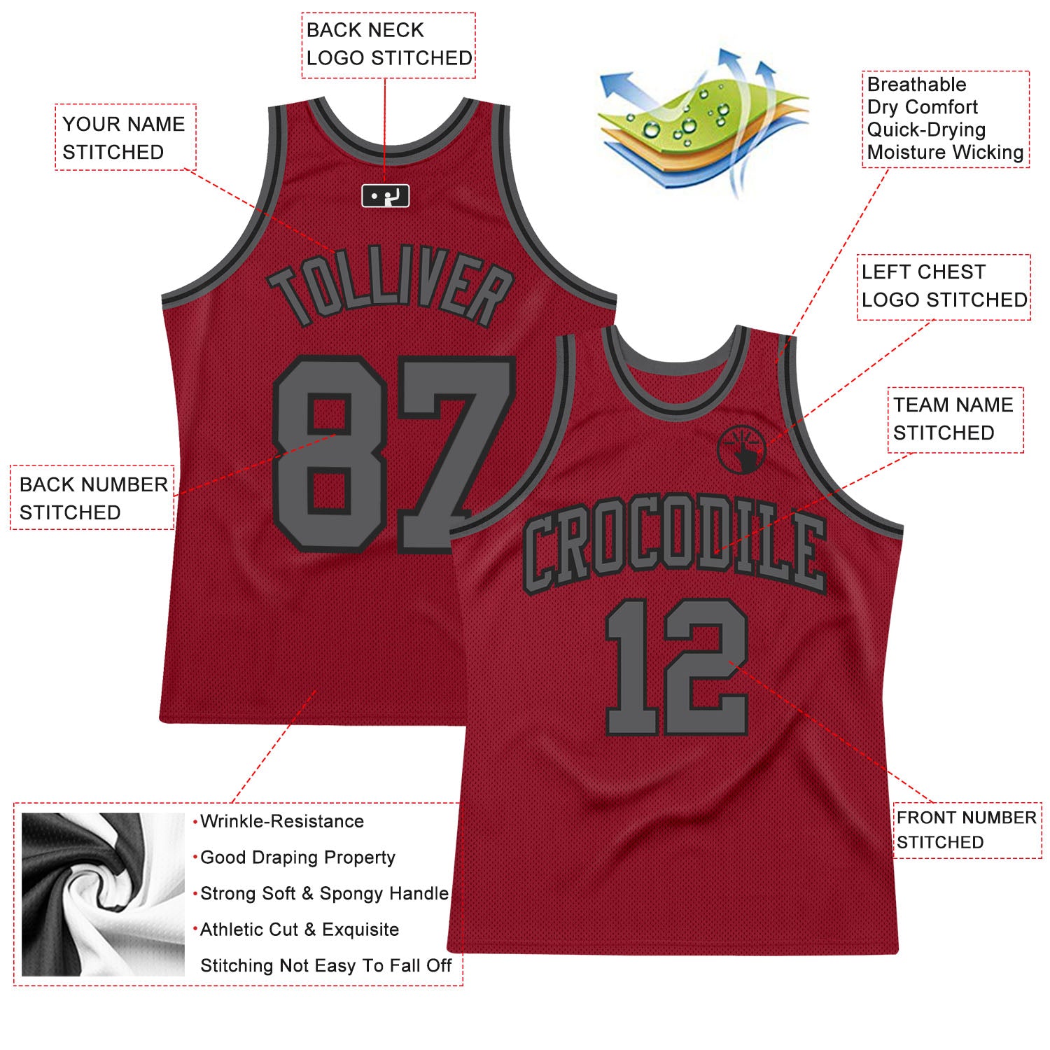 Custom Maroon Steel Gray-Black Authentic Throwback Basketball Jersey