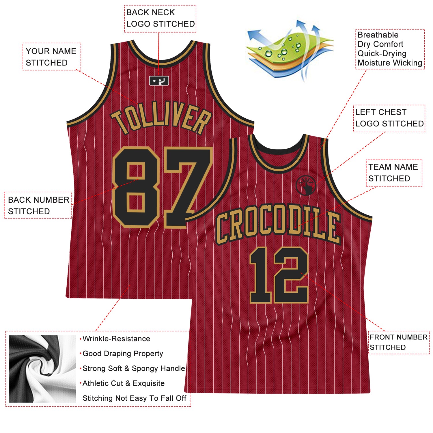 Custom Maroon White Pinstripe Black-Old Gold Authentic Basketball Jersey