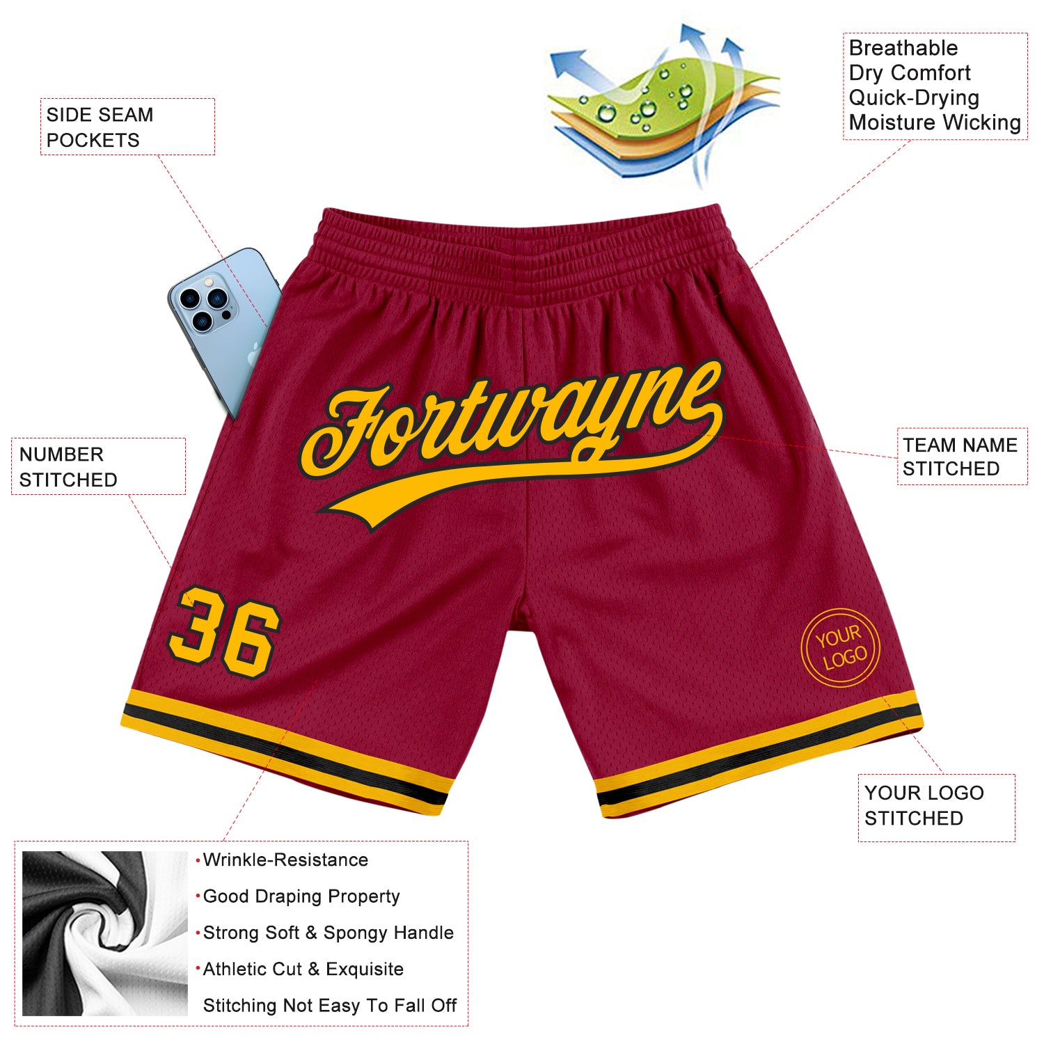 Custom Maroon Gold-Black Authentic Throwback Basketball Shorts