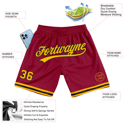 Custom Maroon Gold-Black Authentic Throwback Basketball Shorts