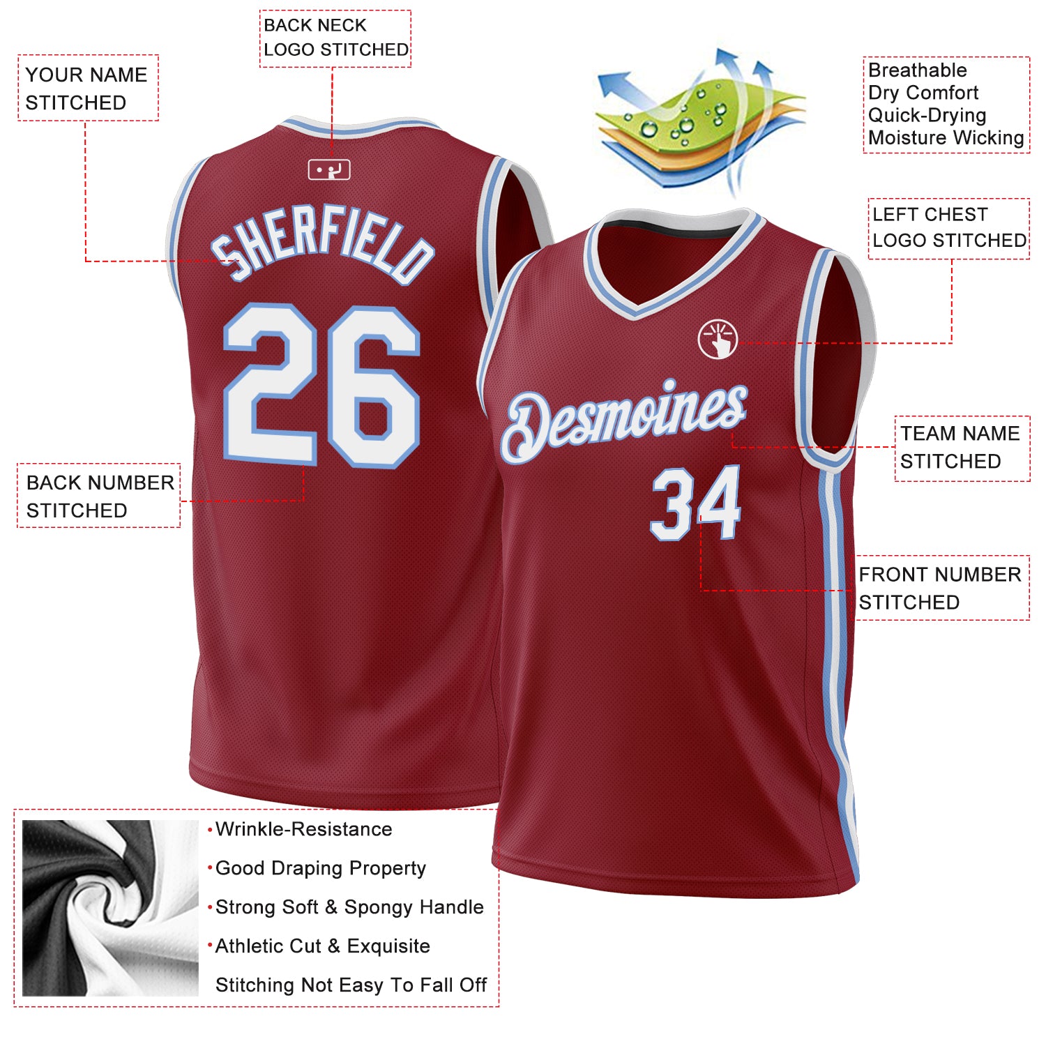 Custom Maroon White-Light Blue Authentic Throwback Basketball Jersey