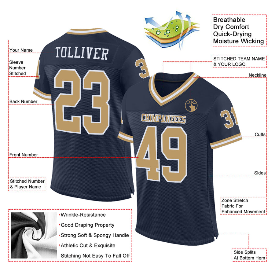 Custom Navy Old Gold-White Mesh Authentic Throwback Football Jersey