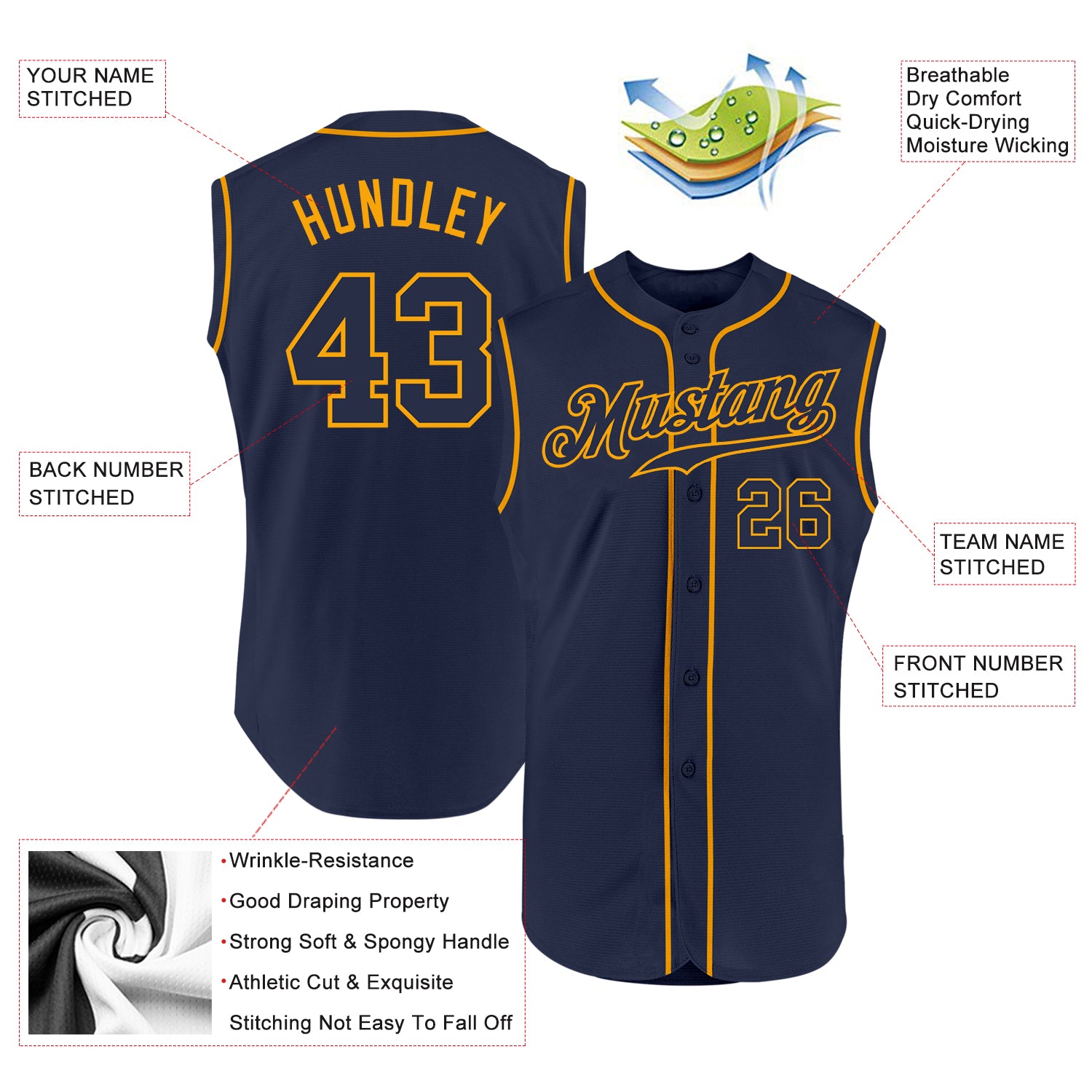 Custom Navy Navy-Gold Authentic Sleeveless Baseball Jersey