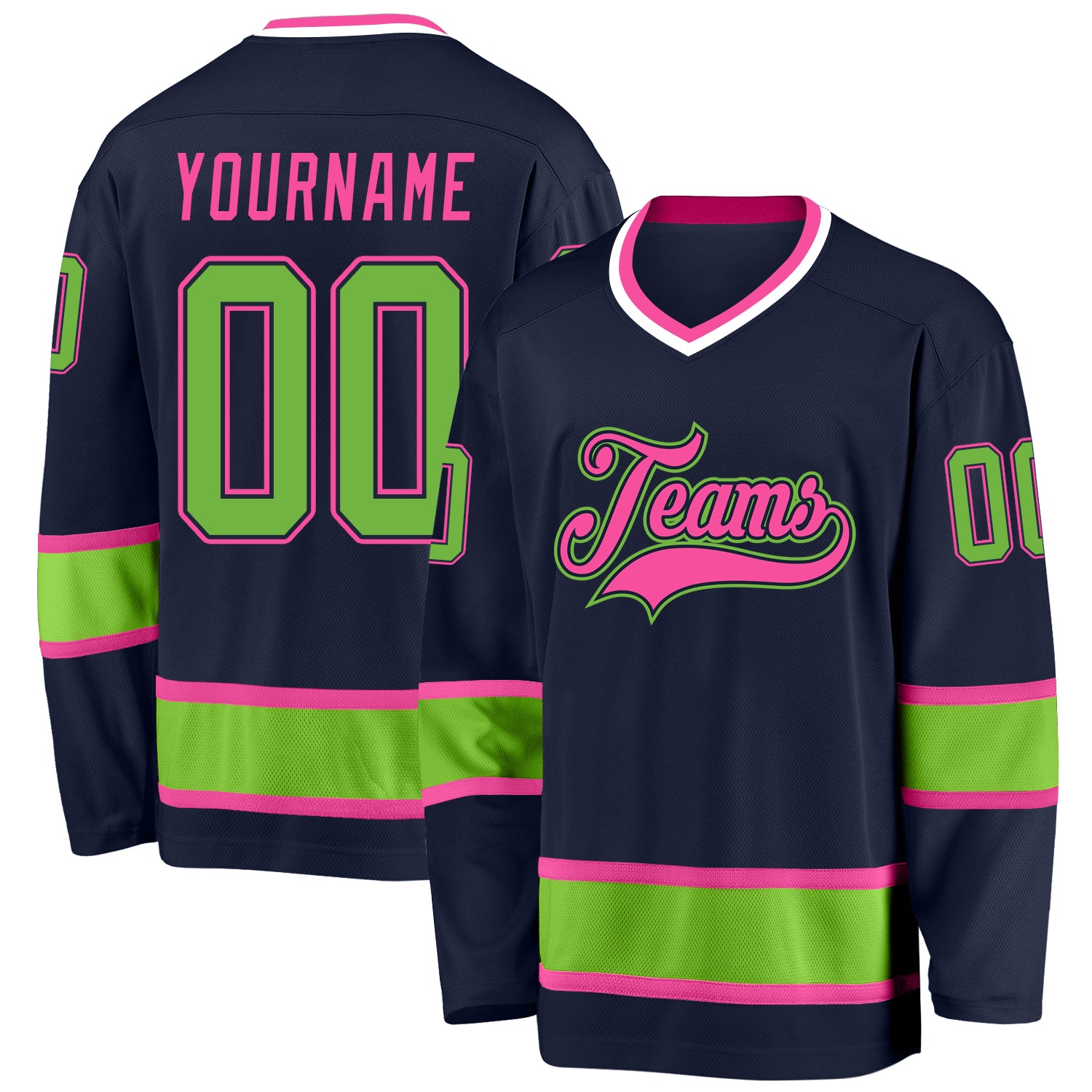 Custom Navy Hockey Jersey Neon Green-Pink