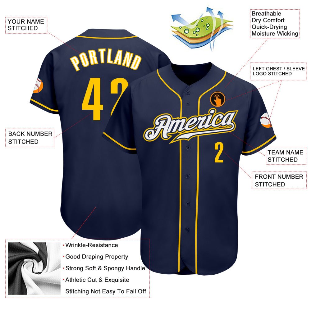 Custom Navy Gold-White Authentic Baseball Jersey