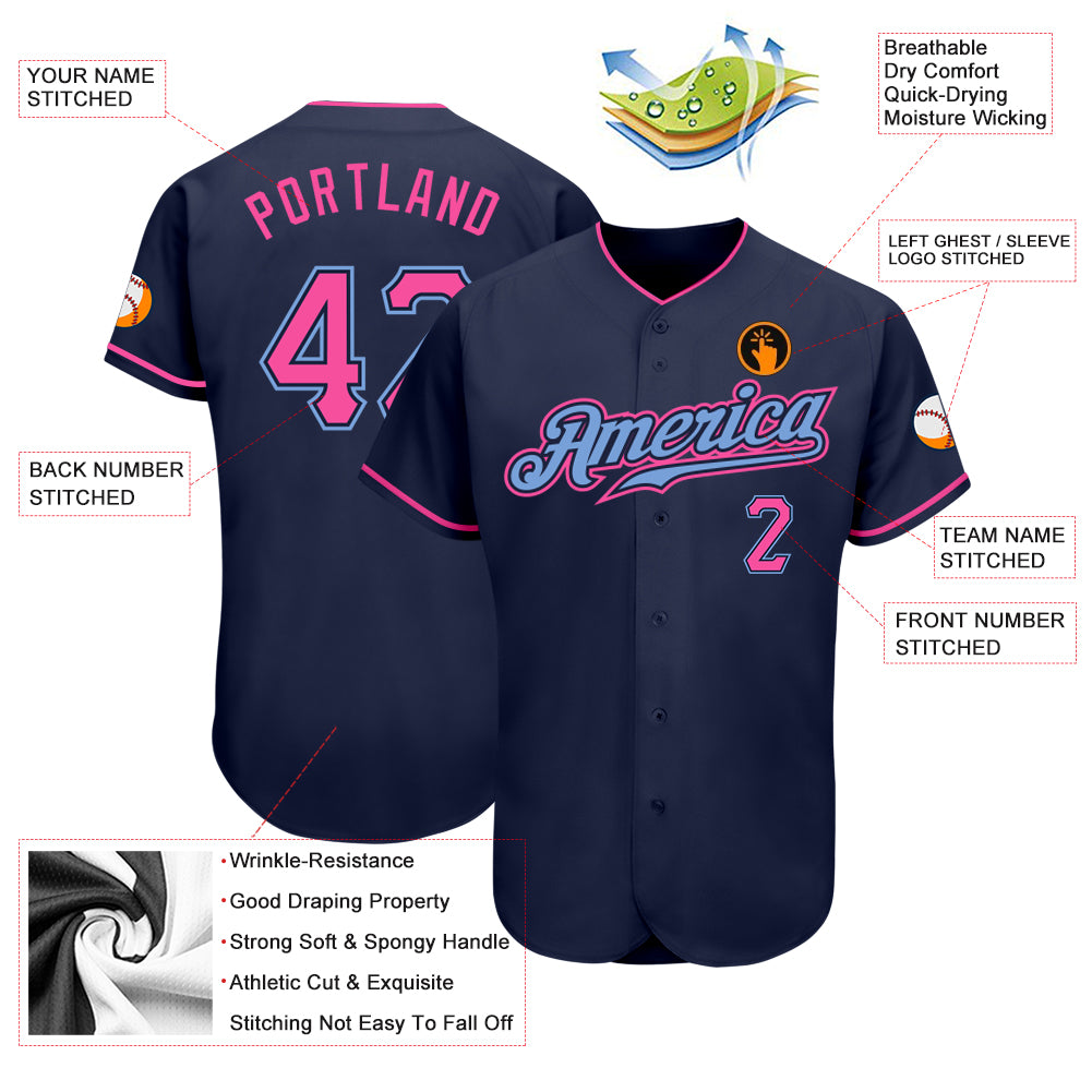 Custom Navy Pink-Light Blue Authentic Baseball Jersey
