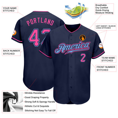 Custom Navy Pink-Light Blue Authentic Baseball Jersey