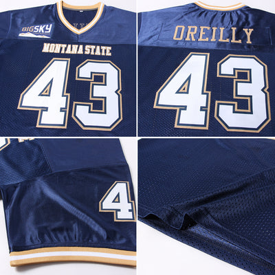 Custom Navy White-Old Gold Mesh Authentic Throwback Football Jersey
