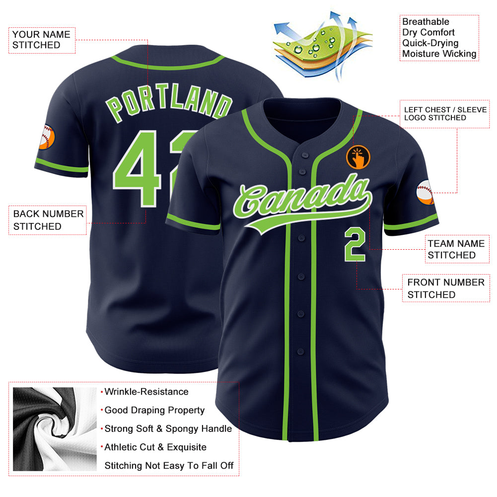Custom Navy Neon Green-White Authentic Baseball Jersey