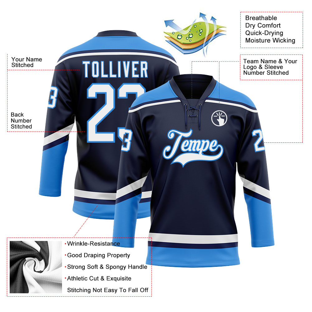 Custom Navy White-Powder Blue Hockey Lace Neck Jersey