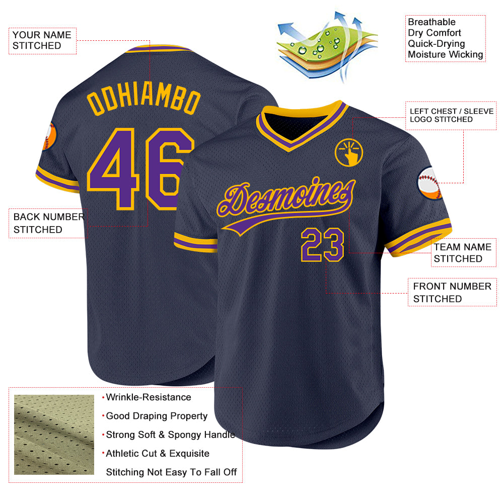 Custom Navy Purple-Gold Authentic Throwback Baseball Jersey