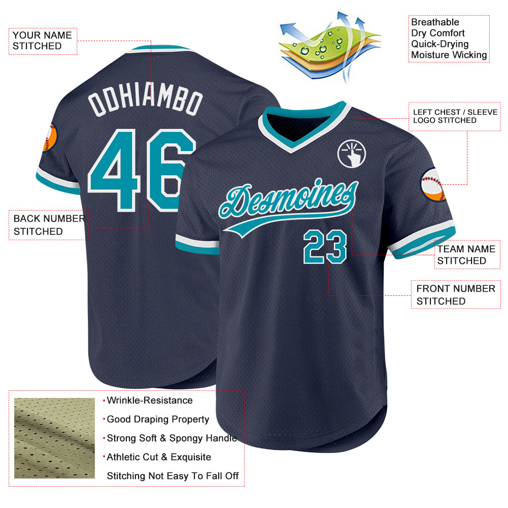 Custom Navy Teal-White Authentic Throwback Baseball Jersey