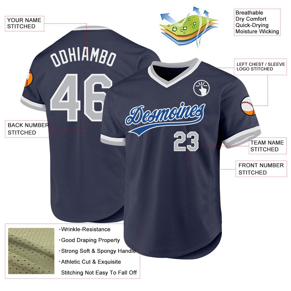 Custom Navy Gray Blue-White Authentic Throwback Baseball Jersey