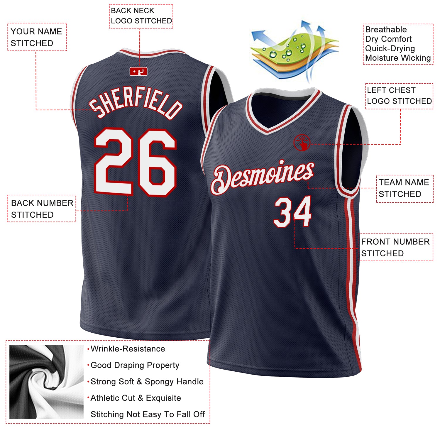 Custom Navy White-Red Authentic Throwback Basketball Jersey