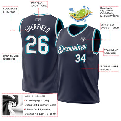 Custom Navy White-Teal Authentic Throwback Basketball Jersey