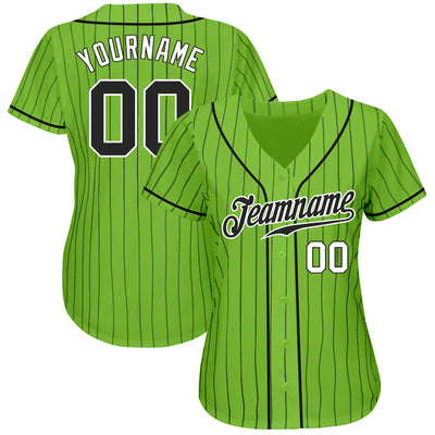 Custom Neon Green Black Pinstripe Black-White Authentic Baseball Jersey