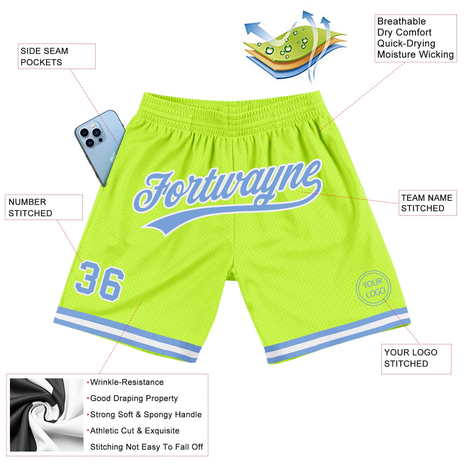 Custom Neon Green Light Blue-White Authentic Throwback Basketball Shorts