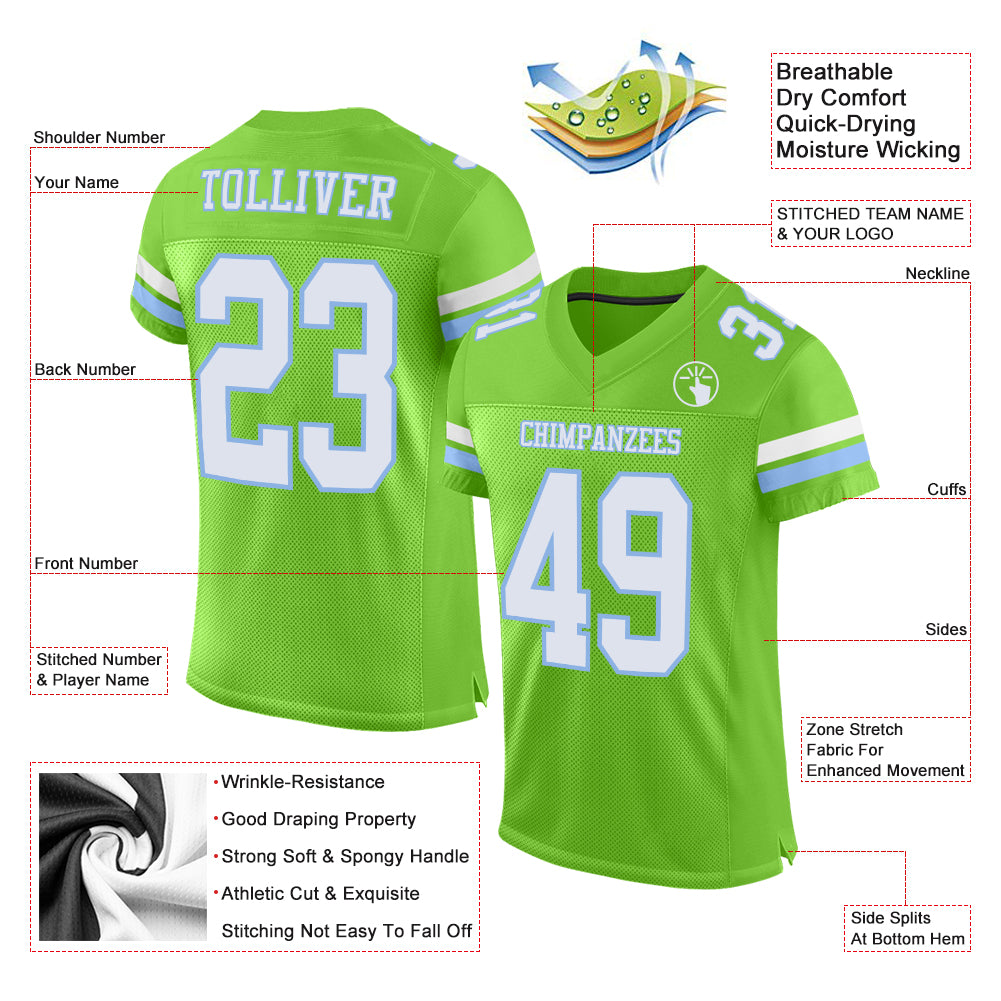 Custom Neon Green White-Light Blue Mesh Authentic Football Jersey