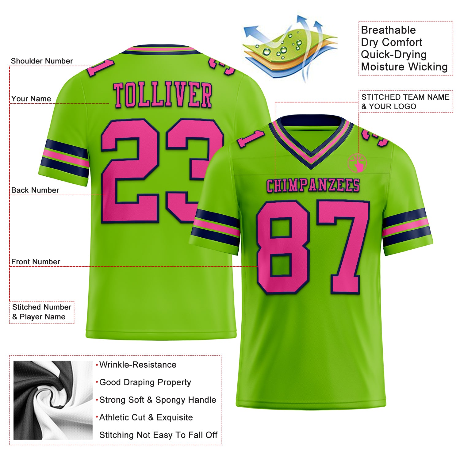 Custom Neon Green Pink-Navy Authentic Football Jersey