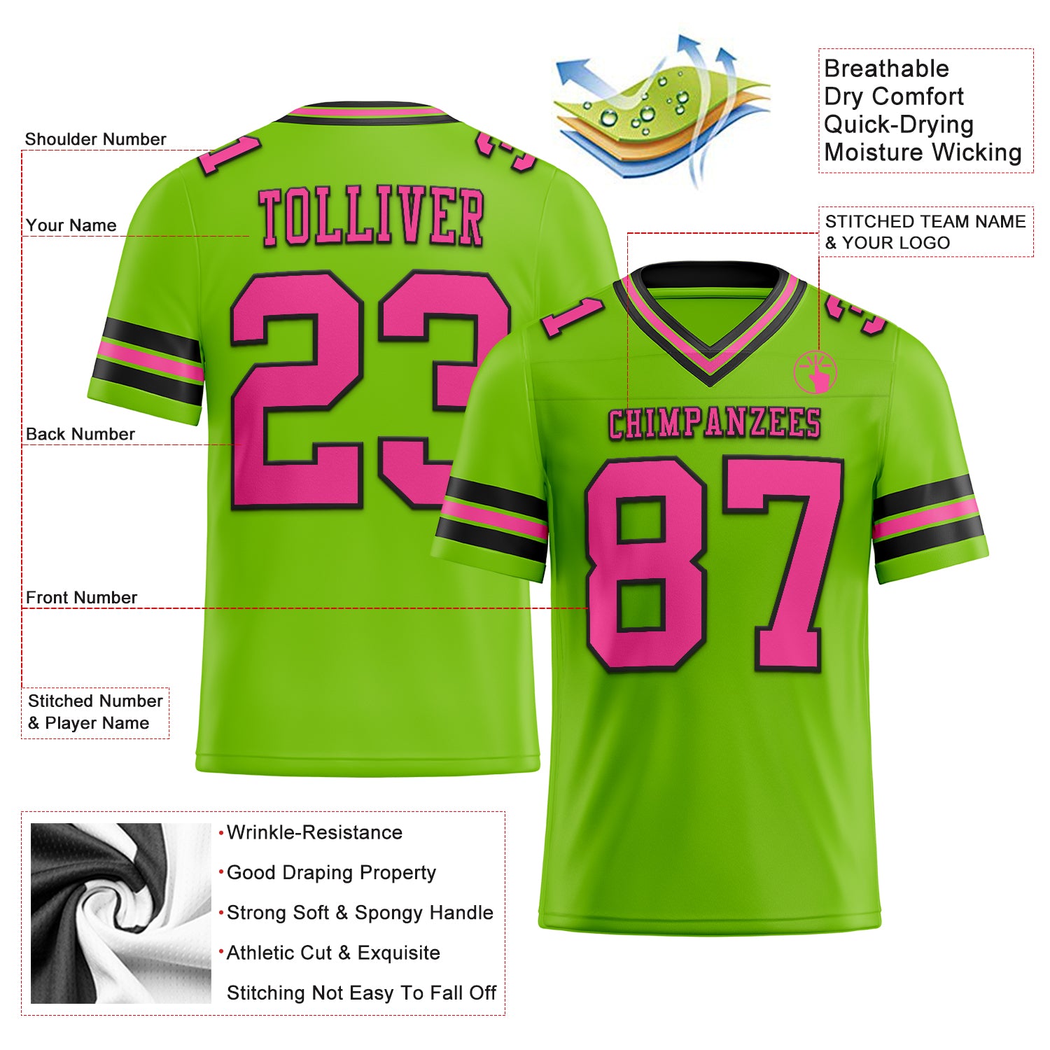 Custom Neon Green Pink-Black Authentic Football Jersey
