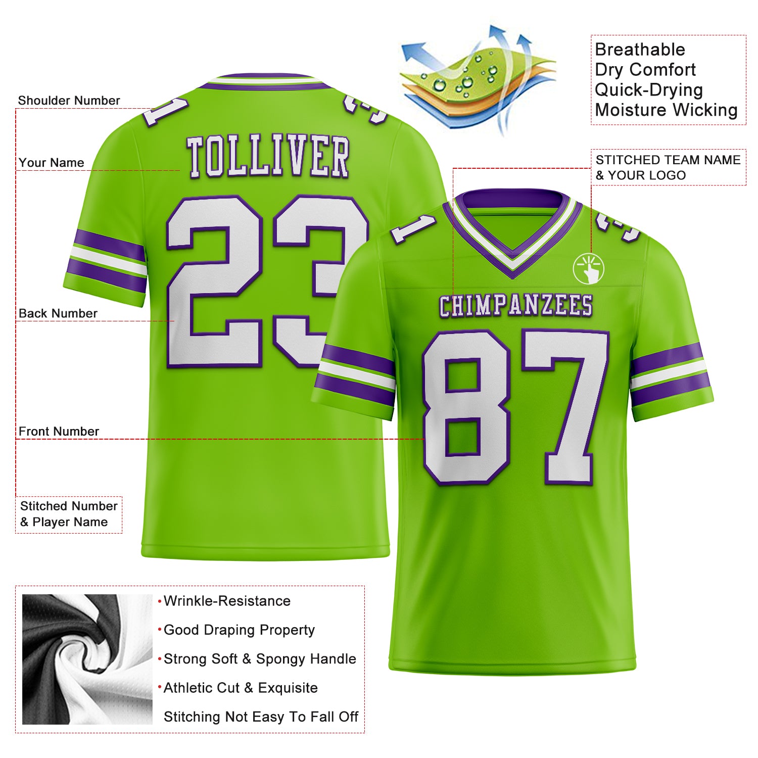 Custom Neon Green White-Purple Authentic Football Jersey