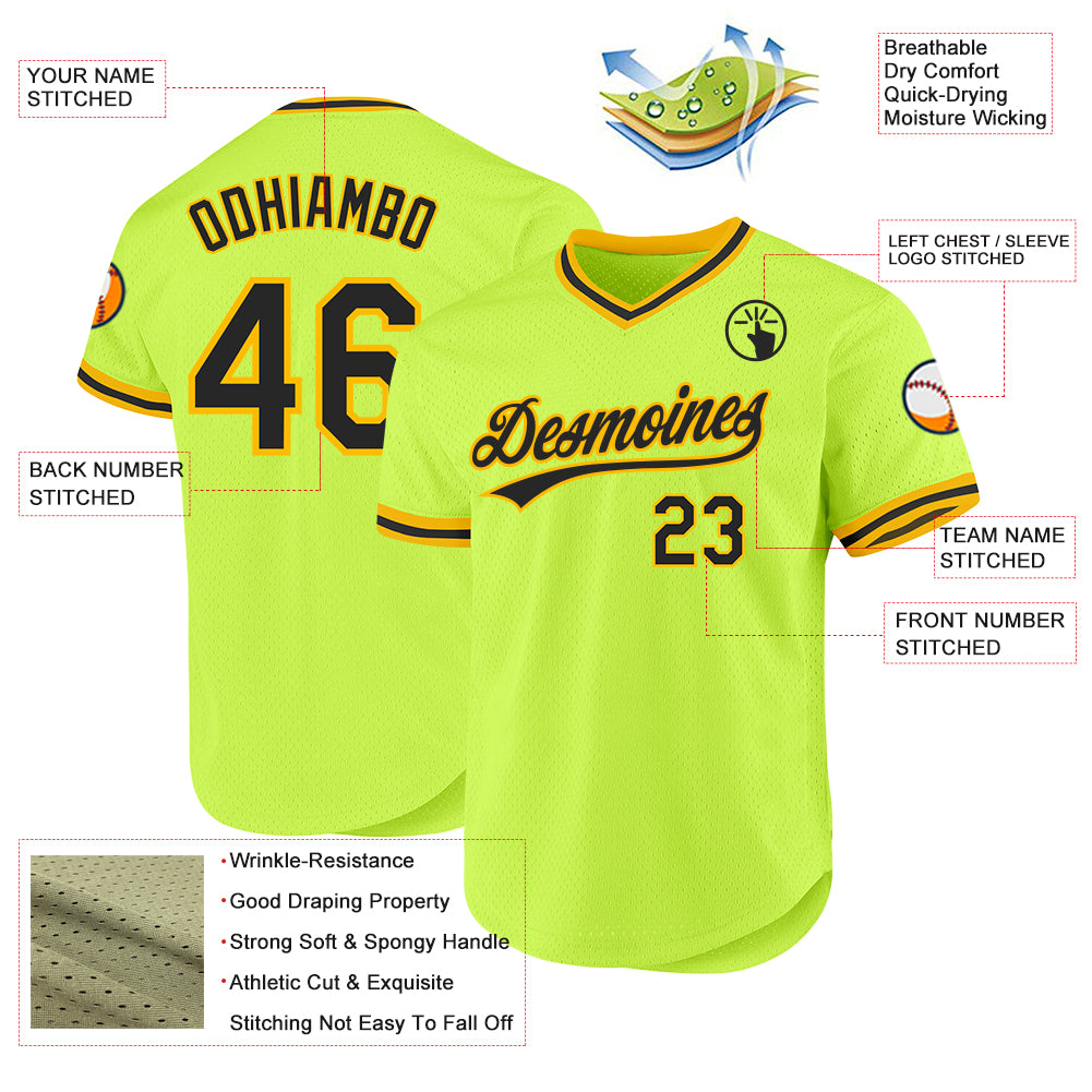 Custom Neon Green Black-Gold Authentic Throwback Baseball Jersey