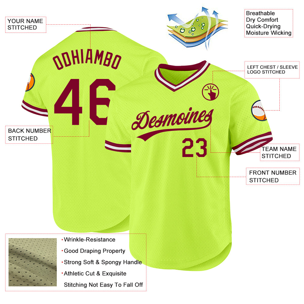 Custom Neon Green Maroon-White Authentic Throwback Baseball Jersey