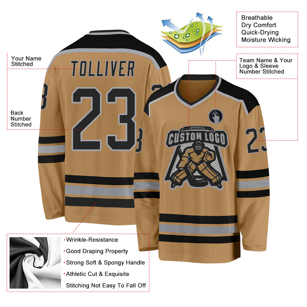Custom Old Gold Black-Gray Hockey Jersey