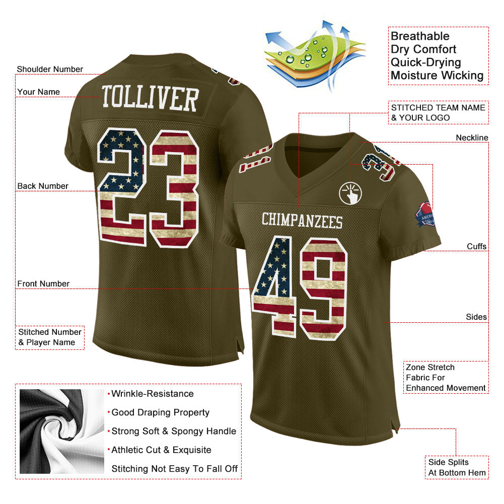 Custom Olive Vintage USA Flag-White Mesh Authentic Salute To Service Football Jersey