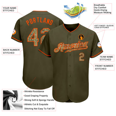 Custom Olive Camo-Orange Authentic Salute To Service Baseball Jersey